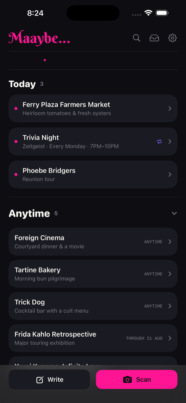 The Anytime view with venues and open-ended shows