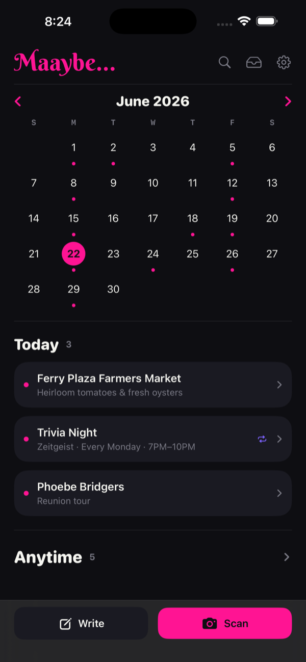 The Maaybe home screen showing today's possibilities